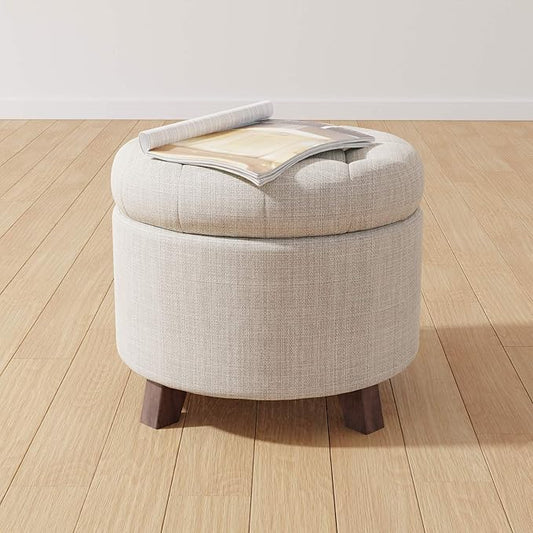 Amazon Basics Round Storage Ottoman Foot Rest, Button Tufted Upholstered Footstool with Storage, Sturdy Linen Fabric for Living Room and Bedroom, 20" x 17", Beige