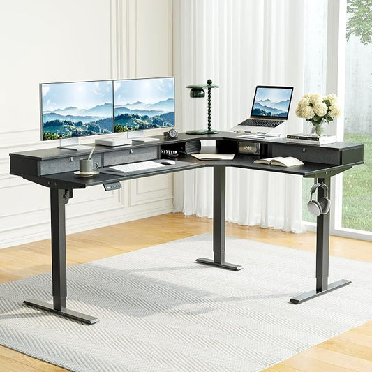 CubiCubi 63x48 Inches L Shaped Standing Desk with 3 Drawers and Monitor Shelf, Height Adjustable Corner Computer Desk with Hooks, Sit Stand Up Ergonomic Home Office Workstation Table, Black