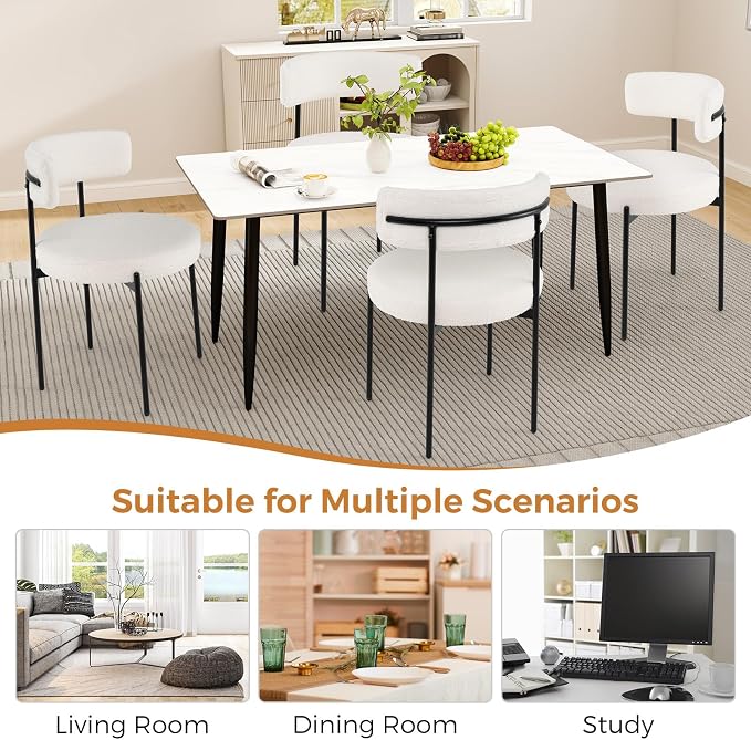 Giantex Sherpa Dining Chairs Set of 4, Upholstered Round Kitchen Chairs with Curved Backrest & Metal Legs, Modern Armless Side Chairs, White Boucle Accent Chairs for Dining Room, Living Room