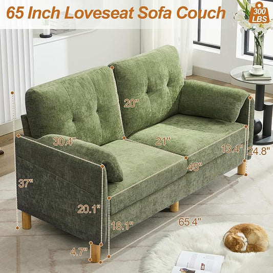 WUTUTUEE 65" Chenille Modern Loveseat Sofa, Upholstered 2-Seater Love Seat Couch with Armrest Pillows, Storage Pockets, Easy Assembly, Tufted Loveseat Couches for Living Room Bedroom, Green