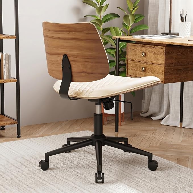 Modern Armless Office Chair with Wheels, Adjustable Swivel Desk Chair with Wide Seat and Tilt Function, Faux Leather Mid Century Task Chair for Home Office, Bedroom, Vanity, Beige
