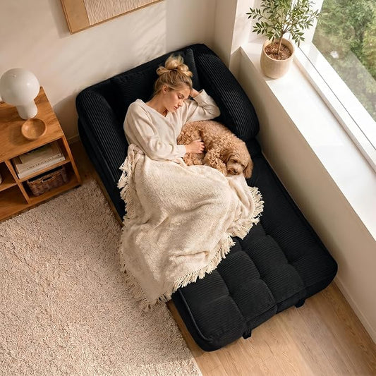 Convertible Sleeper Chair, Folding Sofa Bed with Armrests, Foldable Boneless Bed, 3-in-1 Portable Corduroy Futon Couch Floor Sofa with Pillow for Bedroom, Living Room, Black