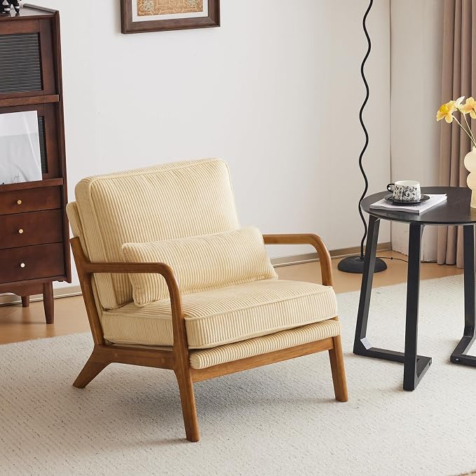 VINGLI Upgraded Premium Corduroy Accent Chairs Set of 2,Upholstered Arm Chair,Solid Wood Comfy Reading Chair with Lumbar Pillow, Mid Century Modern Chairs for Living Room,Bedroom,Dark Beige