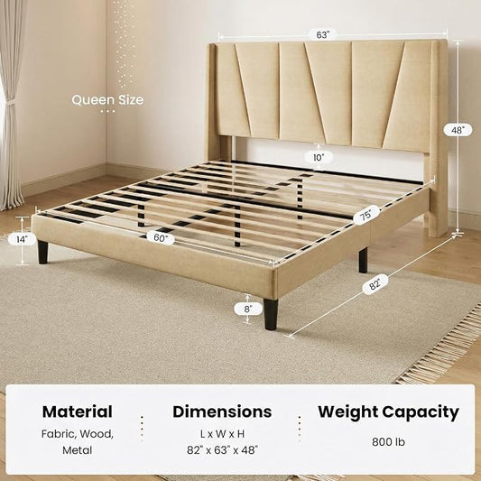 SHA CERLIN Queen Size Bed Frame with Geometric Wingback Headboard, Upholstered Platform Bed with Wooden Slats Support, 8" Under-Bed Space, No Box Spring Needed, Easy Assembly, Beige
