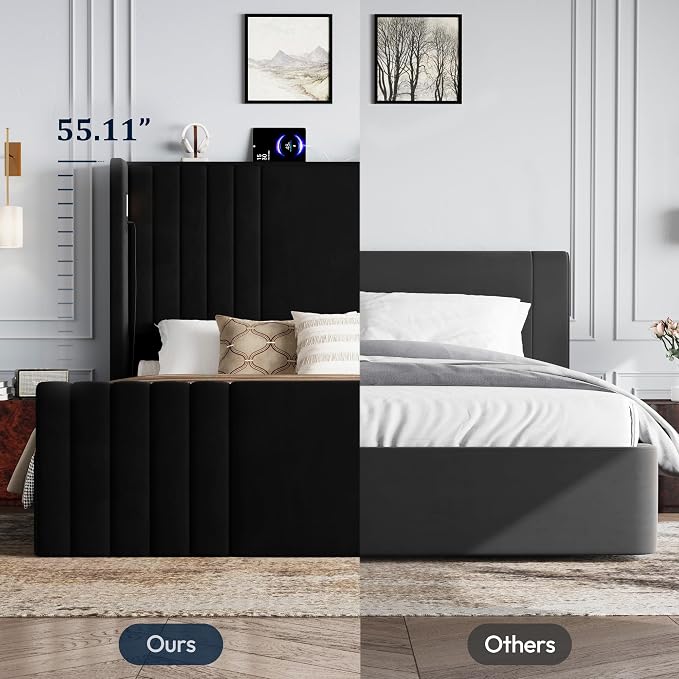 Queen Bed Frame with 55.1" Tall Headboard, Velvet Upholstered Platform Bed with Channel Tufted Wingback, 2 Reading Lights/Storage Shelf/Charging Station/Easy Assembly/Noise-Free, Black