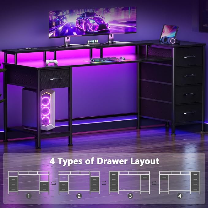 Korfile 61 Inch Computer Gaming Desk with Power Outlets & LED Lights Reversible Home Office Desk with Adjustable 5 Fabric Storage Drawers for Working Writing Study, Black