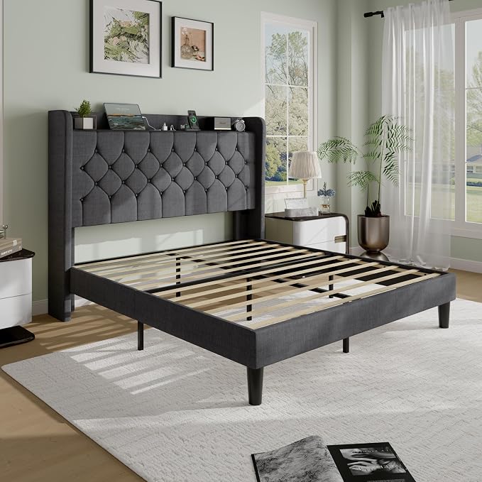 SHA CERLIN Queen Platform Bed Frame with Charging Station, Linen Wingback Headboard with Storage Shelf, Wooden Slats Support, Ample Under-Bed Space, No Box Spring Needed, Easy Assembly, Dark Grey