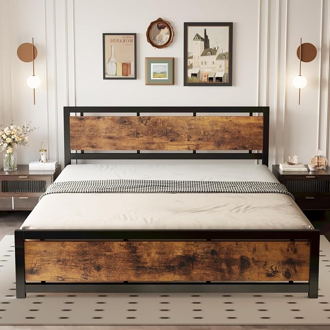 LIKIMIO King Bed Frame with Headboard and Footboard, Metal Strong Supports, Easy Assembly, Noise-Free, No Box Spring Needed, Vintage Brown