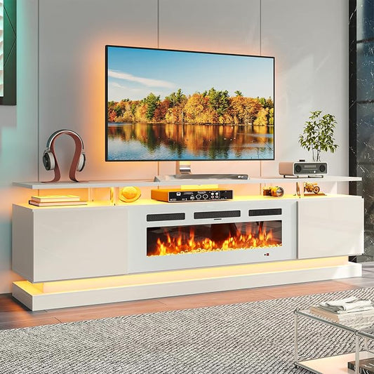80" Fireplace TV Stand, Modern Entertainment Center for TVs Up to 90", TV Console with Storage Cabinets, Media Console for Living Room, White TV Stand and Black Fireplace