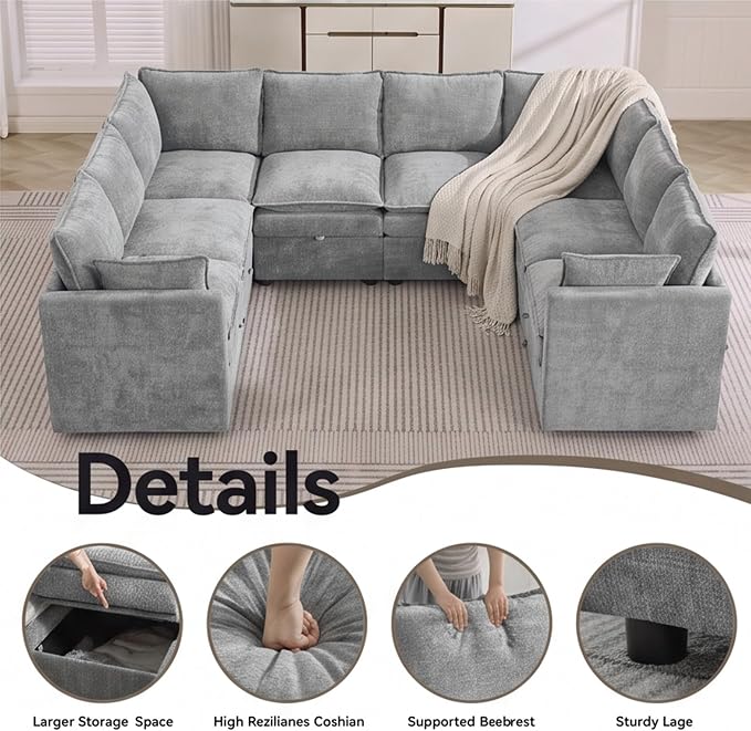 105" Light Grey Oversized Modular Storage Sofa, U Shaped Chenille Couch | Oversized Convertible Sectional Sofa, 8-Seat Sectional Couch With Armrests, Large Cloud Couch For Living Room, Apartment.