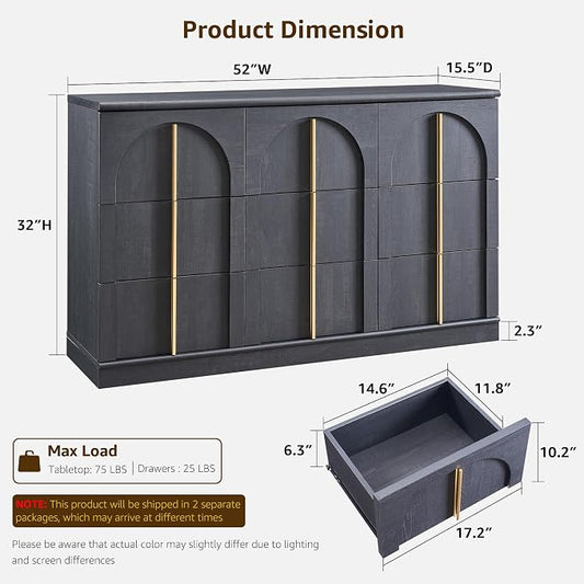 ACCOHOHO Arched Dresser for Bedroom with 9 Drawers, 52" Wide Modern Chest of Drawers with Rounded Edge & Metal Handles, Wood Storage Closet Dressers TV Stand for Living Room, Hallway, Black