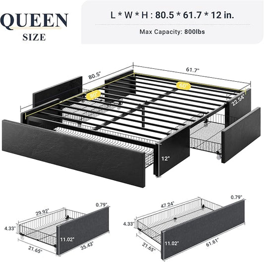 Allewie Queen Size Platform Bed Frame with 3 Storage Drawers, Fabric Upholstered, No Box Spring Needed, Metal Slats Support, Easy Assembly, Black