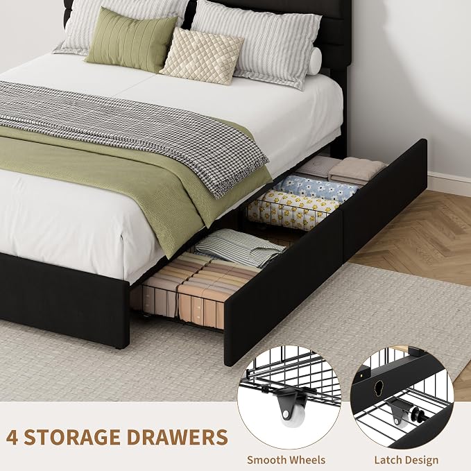 Garvee Queen Size Bed Frame, Velvet Upholstered Platform Storage Bed with 4 Drawers, Wooden Slats Support, No Box Spring Needed, Easy Assembly, Black