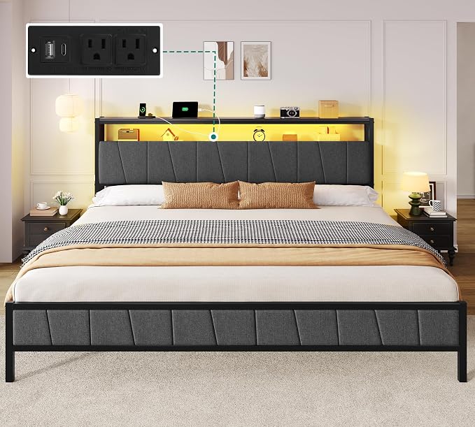 YITAHOME Queen Bed Frame with Storage Headboard, LED Upholstered Platform Bed with Charging Station, Metal Slats, No Box Spring Needed, Easy Assembly - Gray