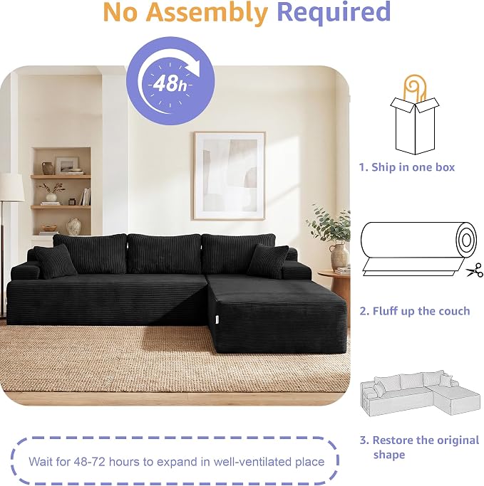 Hobestluk Modular Sectional Sofa Couches L-Shape Couch 3 Seat Modular Sofa Memory Foam Sectional Couches for Living Room, Cloud Couch with Oversized Chaise (Black Corduroy, 108", Right Hand Facing)