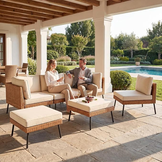 Aoxun 6-Piece Patio Furniture Set, Wicker Outdoor Furniture with Water Resistant Thick Cushions, Patio Conversation Set Outdoor Sectional Sofa with Coffee Table for Backyard Poolside, Beige