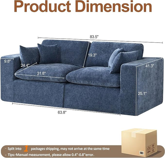 83''Cloud Boneless Sectional Couch, Modular Sectional Sofa Deep Seat, Upholstered Convertible Comfy Loveseat Chenille Memory Foam Sofa Couches for Living Room, Blue