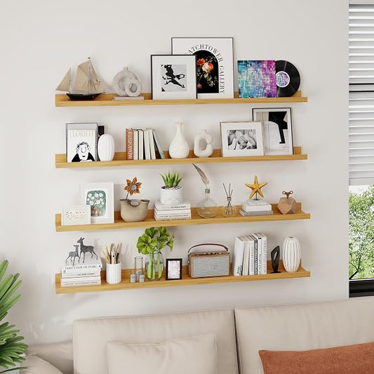 Axeman Picture Ledge Shelf | 48 Inch Oak Floating Shelves Set of 4 | Rustic Wood Wall Shelves with Lip | 48" Oak Picture Shelves for Wall with Ledge | Photo Shelves
