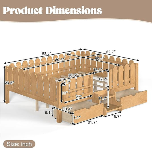 Bellemave Queen Kids Montessori Bed with Stairs, Bookshelf and LED Lights, Solid Wood Kids Bed Frame with Storage Drawers for Boys Girls, Low Profile,Natural