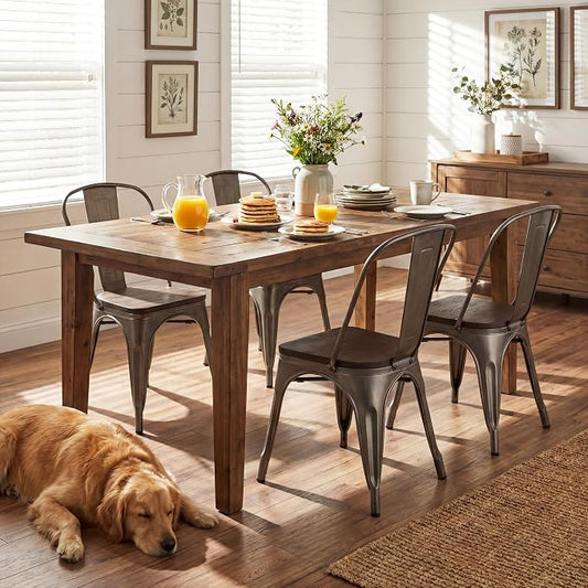 JUMMICO Metal Dining Chair Stackable Industrial Vintage Kitchen Chairs Indoor-Outdoor Bistro Cafe Side Chairs with Back and Wooden Seat Set of 4 (Gun)