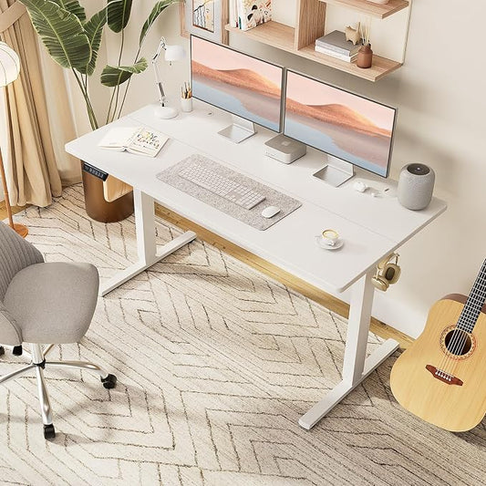 Sweetcrispy Electric Standing Desk Adjustable Height, 63x24 Inch Sit Stand Up Home Office Desks Memory Computer Workstation PC Work Table with Preset Splice Wood Board Metal Frame, White