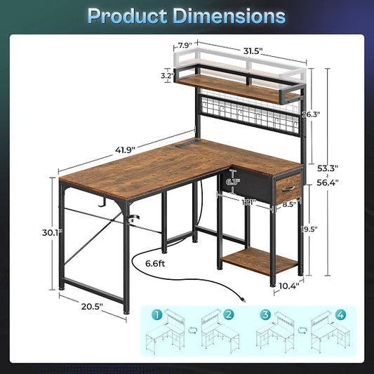 PRAISUN L Shaped Gaming Desk with Shelves, Corner Computer Table with LED Lights, Power Outlets and USB-C Ports, 42 Inch Reversible Home Office Desk with Storage Drawer, Work and Study, Rustic Brown