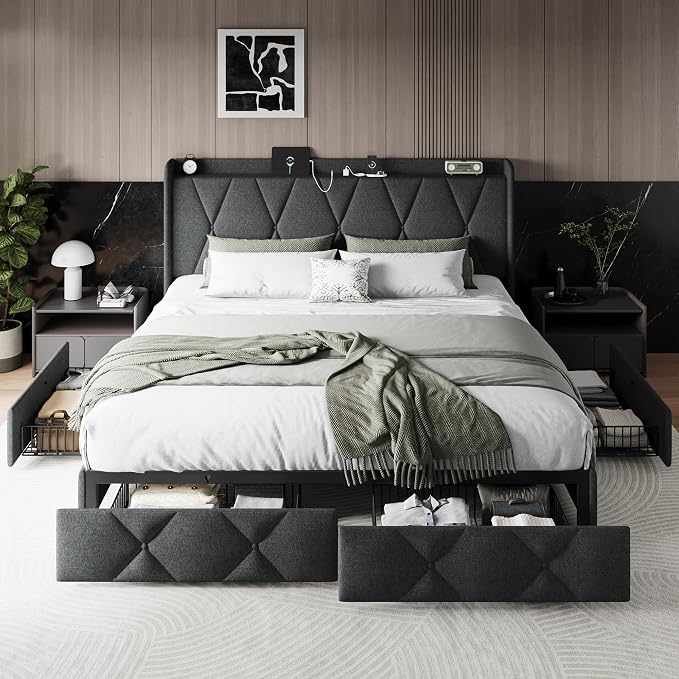 Einhomn King Size Bed Frame with 4 Storage Drawers and Charging Station, Upholstered Platform Bed Frame with Storage Headboard, No Box Spring Needed, Easy Assembly, Dark Grey
