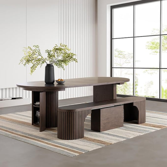 Transformer Table - Solid Wood Extendable Round Dining Table Set with Bench, Seats 4-10, Extendable Round Dining Set, Seat with Hidden Panel Storage, Dark Brown (Table + Bench)