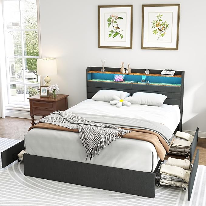 Kiivakii Queen Size Bed Frame with 4 Drawers, Heavy Duty Metal Queen Bed Frame with LED Lights, Charging Station, Upholstered Headboard, 800LBS Weight Capacity, Noise Free, Gray