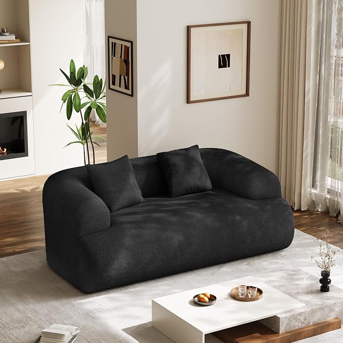 75" Boneless Cloud Loveseat, Modern Cute Curved Chenille Sofa, 2 Seater Compression Couch with 2 Pillows, No Assembly Required for Apartment Living Room, Black