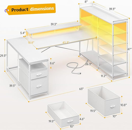 DurayLoly 63" L Shaped Desk with Monitor Stand & CPU Stand, Reversible Computer Desk with 6-Tier Shelves& 2 Fabric Drawers, Ergonomic Desk with Power Outlet & LED Lights for Home Office,White