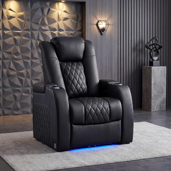Weilianda Home Theater Seating Top Grain Leather Zero Gravity Recliner Chair Power Headrest Recline Movie Seat Gaming 7 Colors Mood Light Sofa with Tray Table USB Charge Row of 1 Black