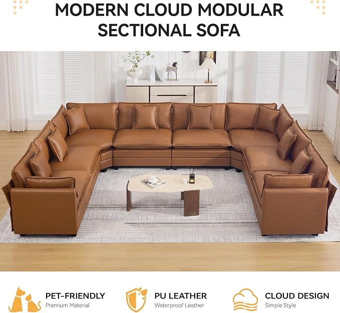147'' Oversized U Shaped Cloud Sectional Sofa, Leather Deep Seat Couches for Living Room, Comfy Upholstered Modular Sectional Sofa Couch, Leather Light Brown