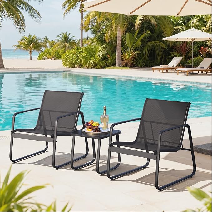 Gizoon Patio Chairs Set of 2, Patio Bistro Set 3PCS, Outdoor Patio Furniture Set with Rust-Resistant Metal Frame, 330LBS Capacity,for Balcony/Lawn/Patio/Pool, RCS Certified Recycled Material, Black