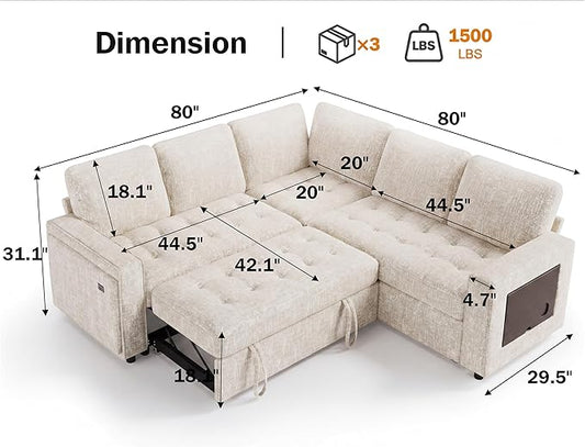 Vipbear 5 Seat L Shaped Modular Sectional Sleeper Sofa Bed with Pull Out Bed/Reclining Backrest/USB Ports/Storage Seat, Sectional Sleeper Couch, Tool-Free Assembly, Chenille Beige