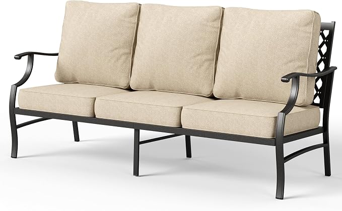 MIXPATIO Patio Couch Metal 3-Seat Outdoor Sofa Deep Seating Outdoor Furniture Beige Cushion for Front Porch, Deck, Balcony, Backyard, Sunroom