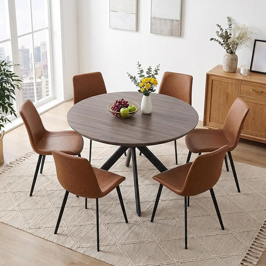 HIPIHOM 43.2"-59.1" Oak Round Extendable Table with PU Chairs Set of 7 | Includes 6 PU leather chairs, mid century modern, thickened MDF table top, scratch resistant, space saver