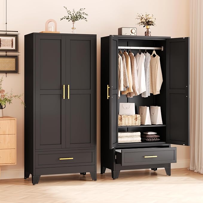 winiowa Metal Armoire Wardrobe Closet with Drawer, 71" Wardrobe Cabinet with Adjustable Shelves and Hanging Rod, Clothing Storage Cabinet Closet for Bedroom-Black
