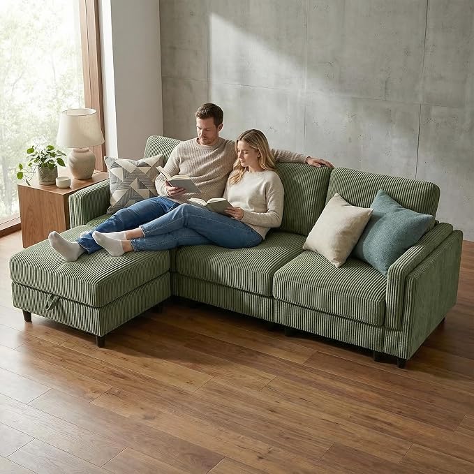 KKL Modular Sectional Sofa Bed with Storage Ottoman, Convertible L/U-Shaped Sleeper Couch for Living Room, Modern Reversible Design (Green, 4 Seat L Shape)