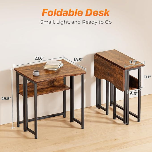 Huuger Folding Desk with Storage Shelf, 23.6 Inch Foldable Computer Table for Small Spaces, Space Saving Sofa Table for Couch, Writing Work Office Computer Desk, Easy to Fold, Rustic Brown