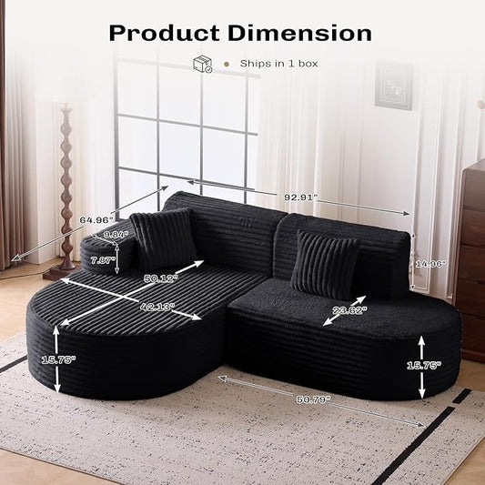 Modern Curved Boneless Sofa Couch, L-Shaped Corner Sofa, Corduroy Upholstered Cloud Sectional Couch for Living Room, Bedroom and Apartment,No Assembly Needed(Black, Left Hand Facing)