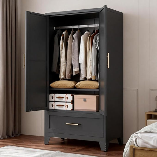 60" Matte Black Metal Storage Cabinet with 2 Doors, Drawer, Interior Rail and Adjustable Shelf, Freestanding Utility Cabinet for Office, Laundry Room, Entryway, Garage and Home Storage