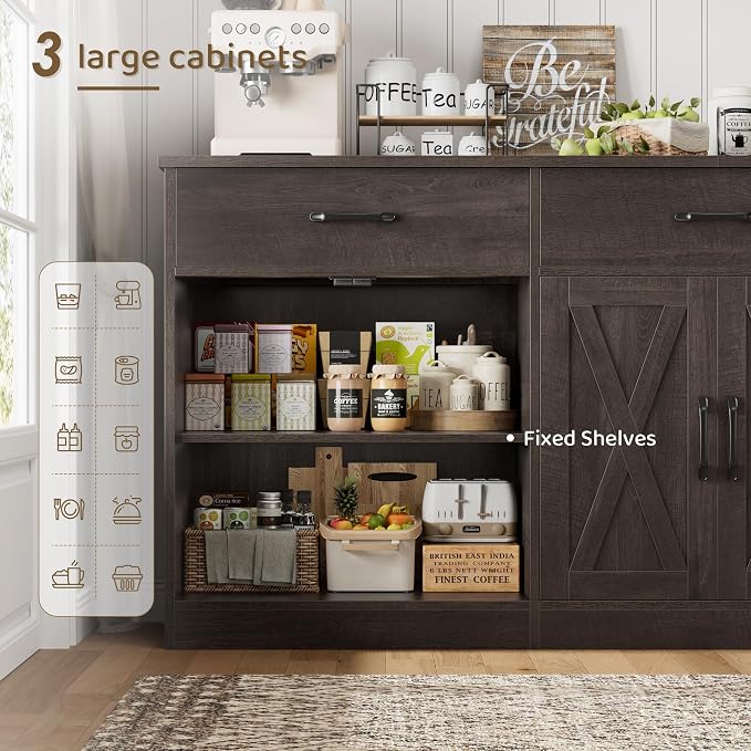 HOSTACK 71" Large Sideboard Buffet Cabinet with Storage, Farmhouse Coffee Bar Cabinet with 3 Drawers, Long Kitchen Buffet Table, Kitchen Sideboard Storage Cabinet for Dining, Living Room, Dark Brown