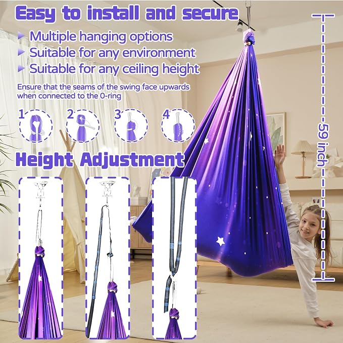 Sensory Swing for Kids Indoor & Outdoor Double Layer Therapy Cuddle Hammock Chair with 360 Swivel Hanger Kit Adjustable Swing for Child and Adult with Aspergers Autism ADHD (Galaxy Purple)