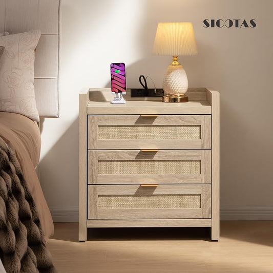 SICOTAS Rattan Nightstands Set of 2 Bedside Table - Larger Night Stand with Type-C Charging Station, 3 Drawers Storage, Boho Night Stands End Table for Bedroom Office - Light Oak