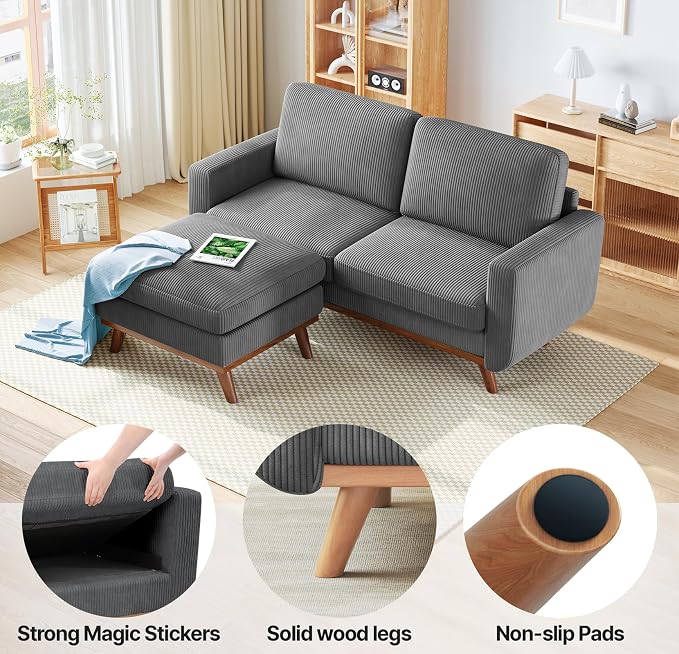 Vesgantti 68" Loveseat Sofa with Movable Ottoman, Comfy Corduroy Couch with Spring Cushion, Sofa Couch with Solid Wood, Modern Office Sofa with Deep Seat for Living Room and Bedroom, Dark Gray
