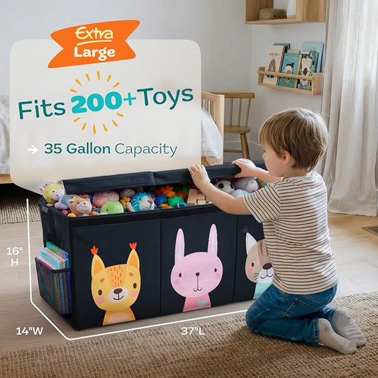 SoftOwl Extra Large Toy Storage Organizer with Lid - Sturdy, Collapsible Toy Chest Storage Box with Cute Design - Toys Bin with Dividers for Kids, Boys, Girls, Nursery, Bedroom, Play room 37"x16"x14"