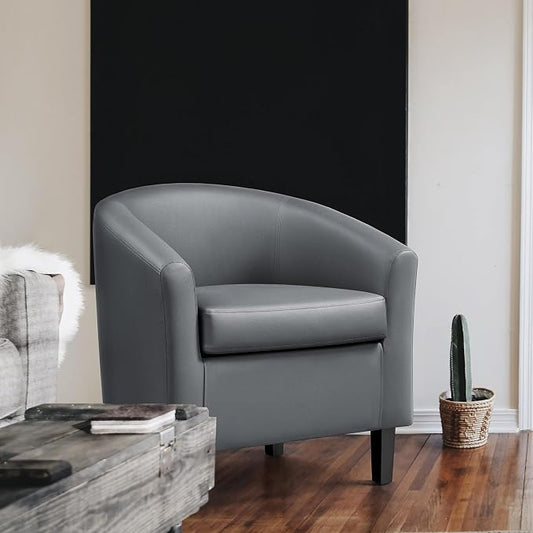 Topeakmart Faux Leather Club Chair, Modern Accent Chair and Cozy Barrel Armchair with Sturdy Wood Legs for Living Room Bedroom Reception Room, Gray