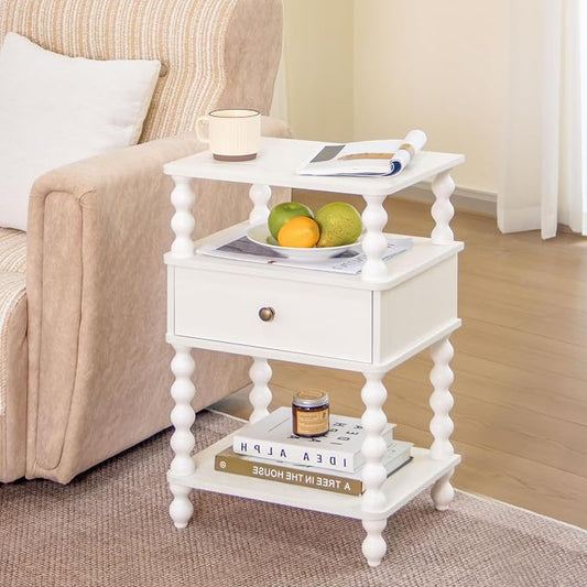 AWASEN White Nightstand, Bed Side Table Bedroom with Drawer, 3-Tier Small Night Stand End Table with Storage for Small Spaces &Solid Wood Spindle Legs, White