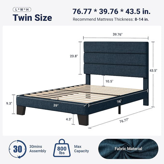 Allewie Twin Size Platform Bed Frame with Fabric Upholstered Headboard and Wooden Slats Support, Fully Upholstered Mattress Foundation/No Box Spring Needed/Easy Assembly, Navy Blue